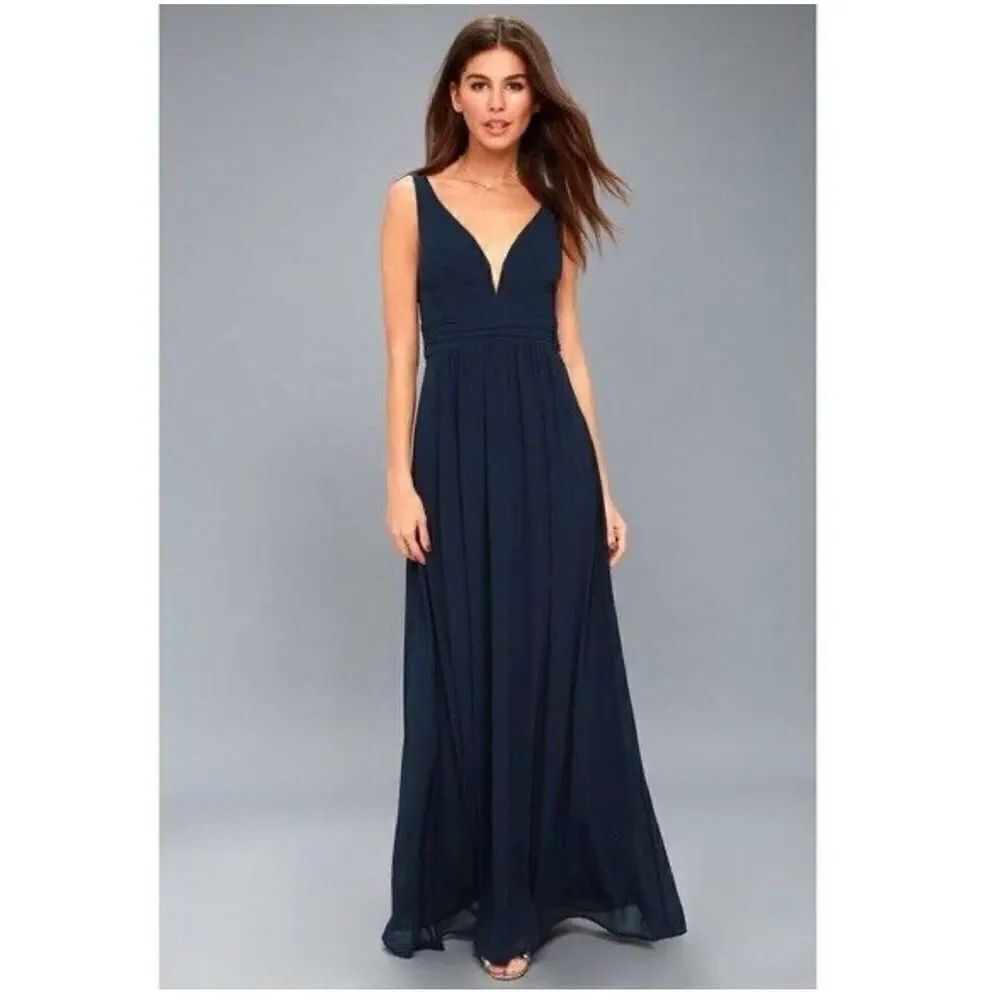 Lulu’s Ruched A-Line Chiffon Pleated Navy Blue Gown /Maxi dress size L